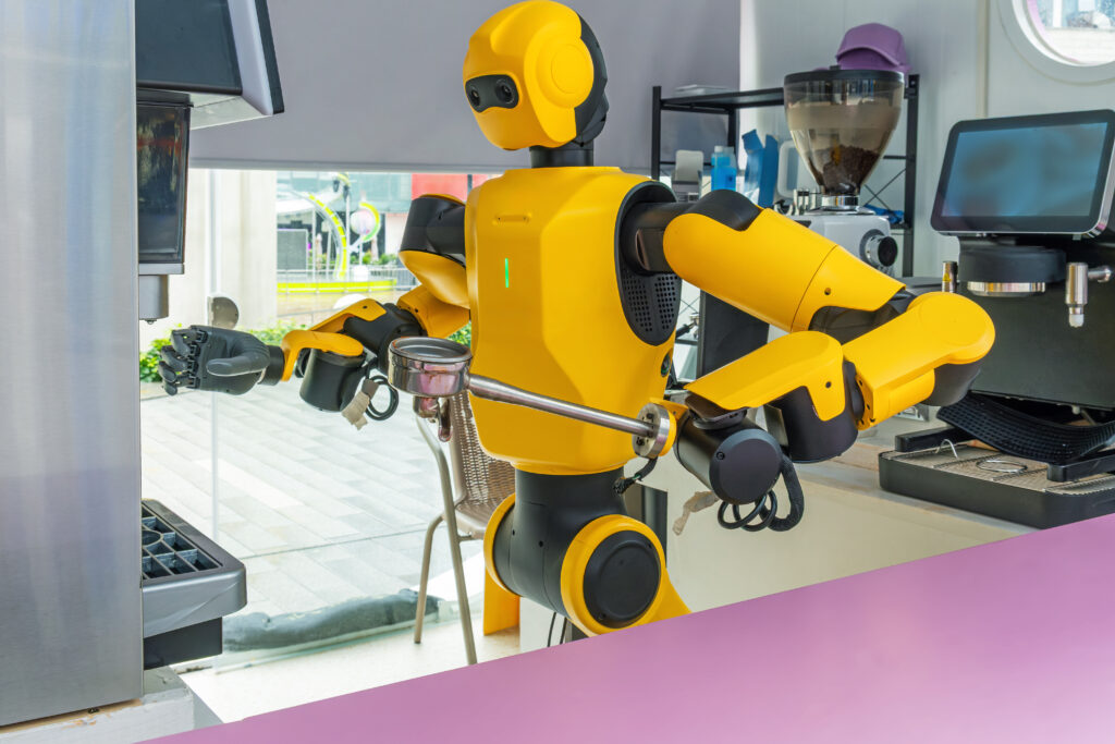 Humanoid robot prepares coffee using automatic coffee machine in Shenzhen, China. Artificial intelligence, robotics, service automation, smart hospitality, autonomous machines and future food service technology